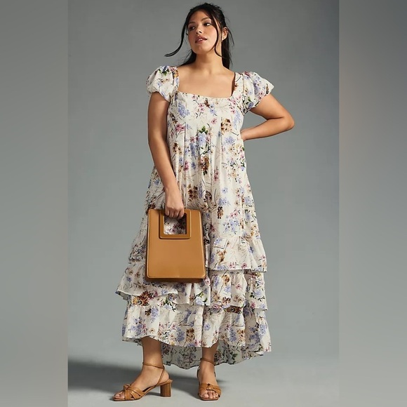 Anthropologie Women’s Tiered Cap Sleeve Floral Dress Romantic Easter Spring MIDI - Picture 1 of 9